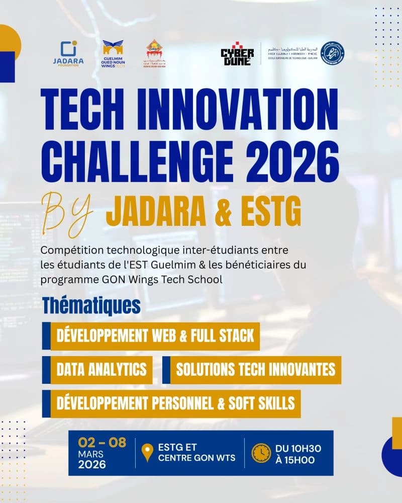 Official Tech Innovation Challenge 2026 poster with the CyberDune, JADARA and EST Guelmim logos